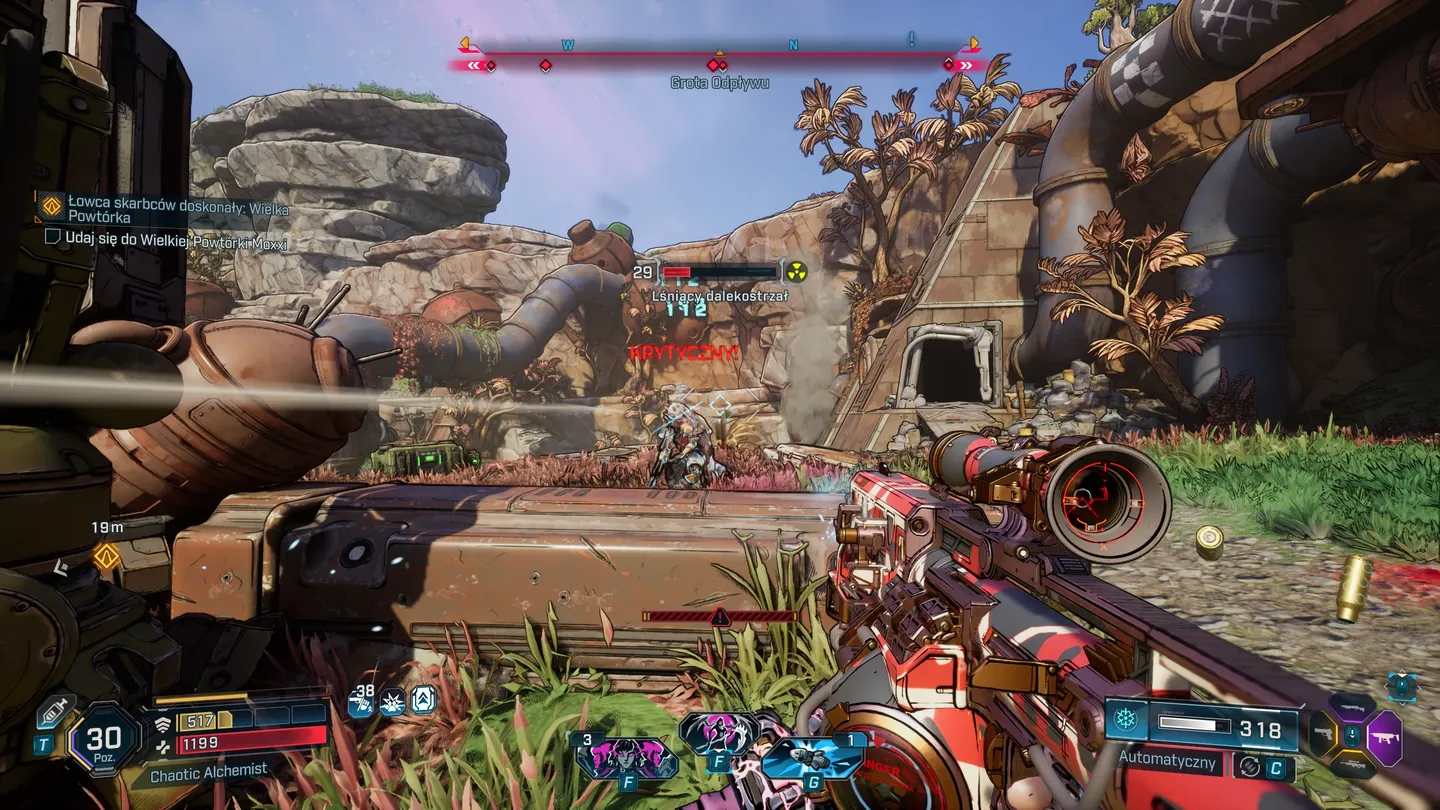 Starcie z przeciwnikiem Lśniący Dalekostrzał w Borderlands 4 &ndash; krytyczny strzał na mapie pełnej roślinności i maszyn