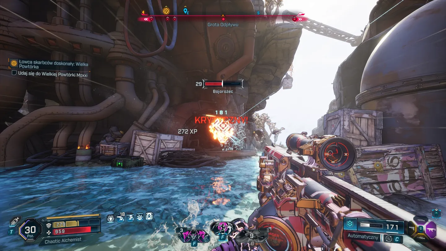 Krytyczny strzał do przeciwnika Bojorożec w Borderlands 4 na lokacji Grota Odpływu