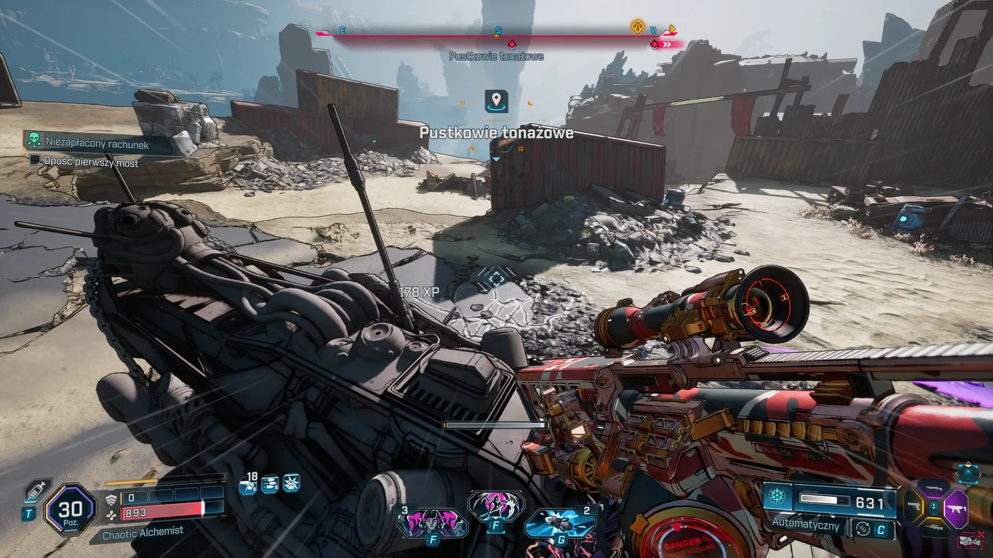 Przybycie na obszar Pustkowie tonażowe w Borderlands 4 &ndash; widok na spustoszoną, postapokaliptyczną mapę