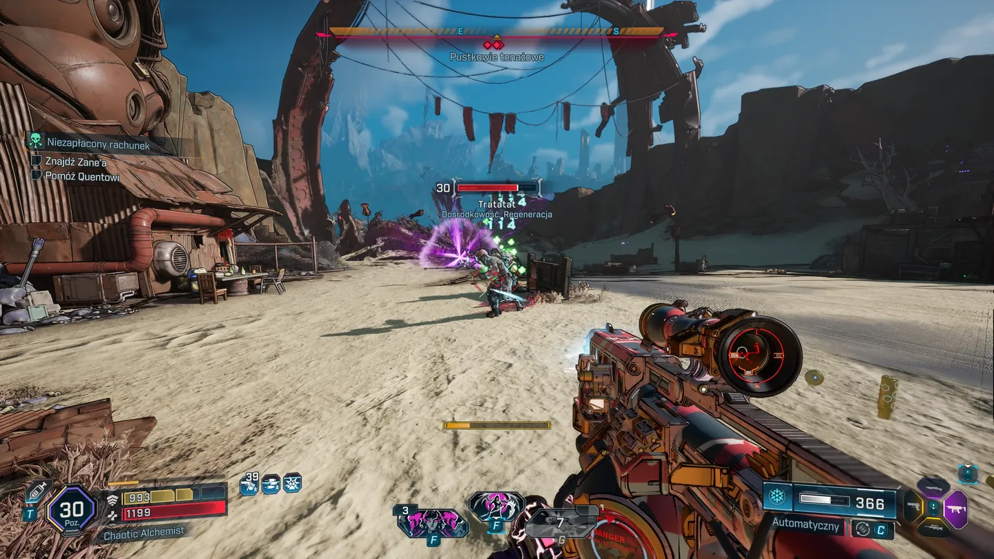 Pojedynek z Tratatat w Pustkowiu tonażowym Borderlands 4 &ndash; widok na pustynną lokację z chaotyczną walką