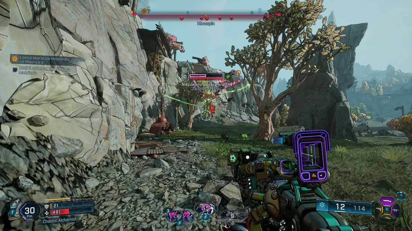 Starcie z latającym bossem Nikczemny trujący kratch w Borderlands 4 na tle skalistej doliny