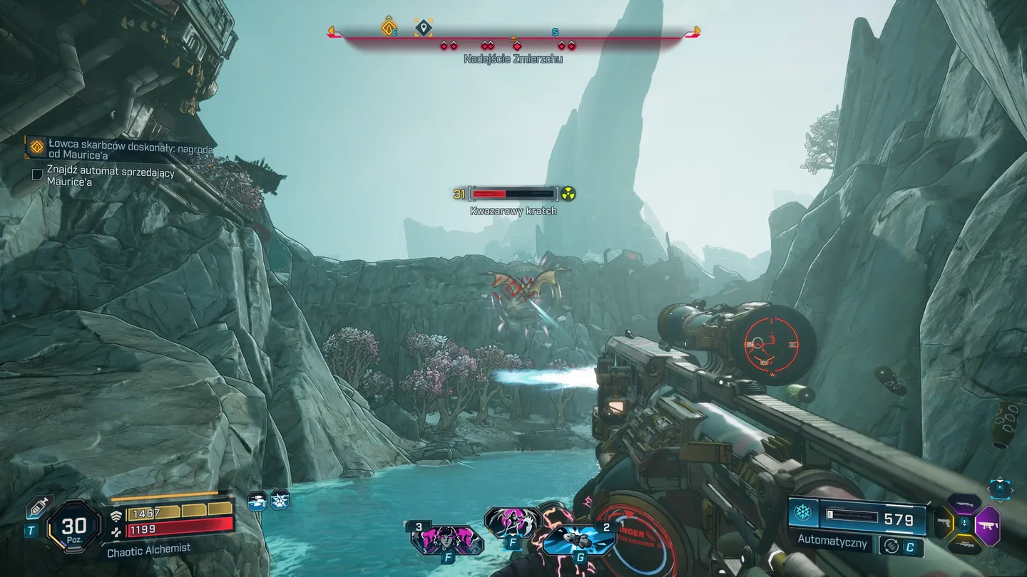 Strzelanie do latającego potwora Kwazarowy Kratch w Borderlands 4 na tle g&oacute;r i wody