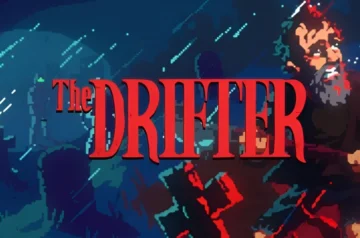Grafika promująca grę The Drifter. Duży czerwony tytułowy napis oraz po prawej stronie główny bohater - Mick, na tle cmentarza.