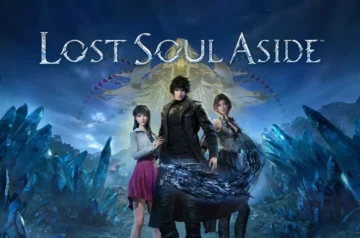 Grafika z gry Lost Soul Aside z postaciami i logiem.