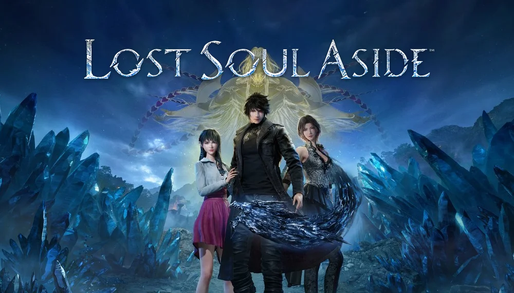 Grafika z gry Lost Soul Aside z postaciami i logiem.