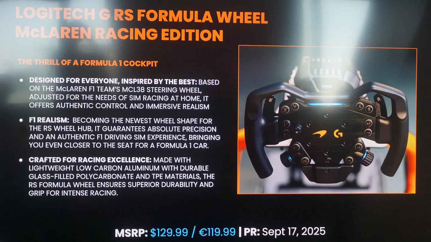 Zbliżenie na kierownicę Logitech G RS Formula Wheel McLaren Racing Edition na tle prezentacji opisującej jej solidne wykonanie, inspirację z motorsportu oraz autentyczne wrażenia z jazdy w symulatorze Formuły 1.