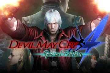 Okładka gry wideo "Devil May Cry 4 Special Edition" przedstawiająca w centralnej części postać z białymi włosami, w czerwonym płaszczu, trzymającą w dłoniach broń. W tle widać inne postacie z gry, w tym Vergil i Nero. Na obrazku widoczny jest tytuł gry: "DEVIL MAY CRY Special Edition"