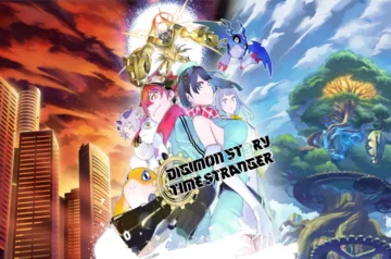 Grafika promocyjna gry Digimon Story: Time Stranger z bohaterami i Digimonami na tle kontrastujących światów – miasta w płomieniach i spokojnego krajobrazu z ogromnym drzewem