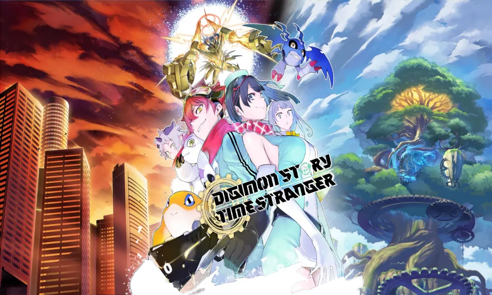 Grafika promocyjna gry Digimon Story: Time Stranger z bohaterami i Digimonami na tle kontrastujących światów – miasta w płomieniach i spokojnego krajobrazu z ogromnym drzewem