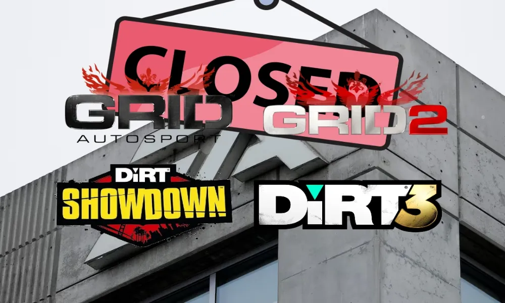 Grafika przedstawia logotypy gier GRID Autosport, GRID 2, DiRT Showdown i DiRT 3 na tle betonowego budynku z dużym napisem „CLOSED”, symbolizującym zamknięcie serwerów przez Electronic Arts.