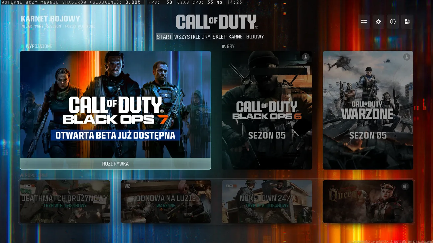 Menu otwartej bety Black Ops 7 &ndash; dostęp do tryb&oacute;w multiplayer i nowości w najnowszej odsłonie serii.