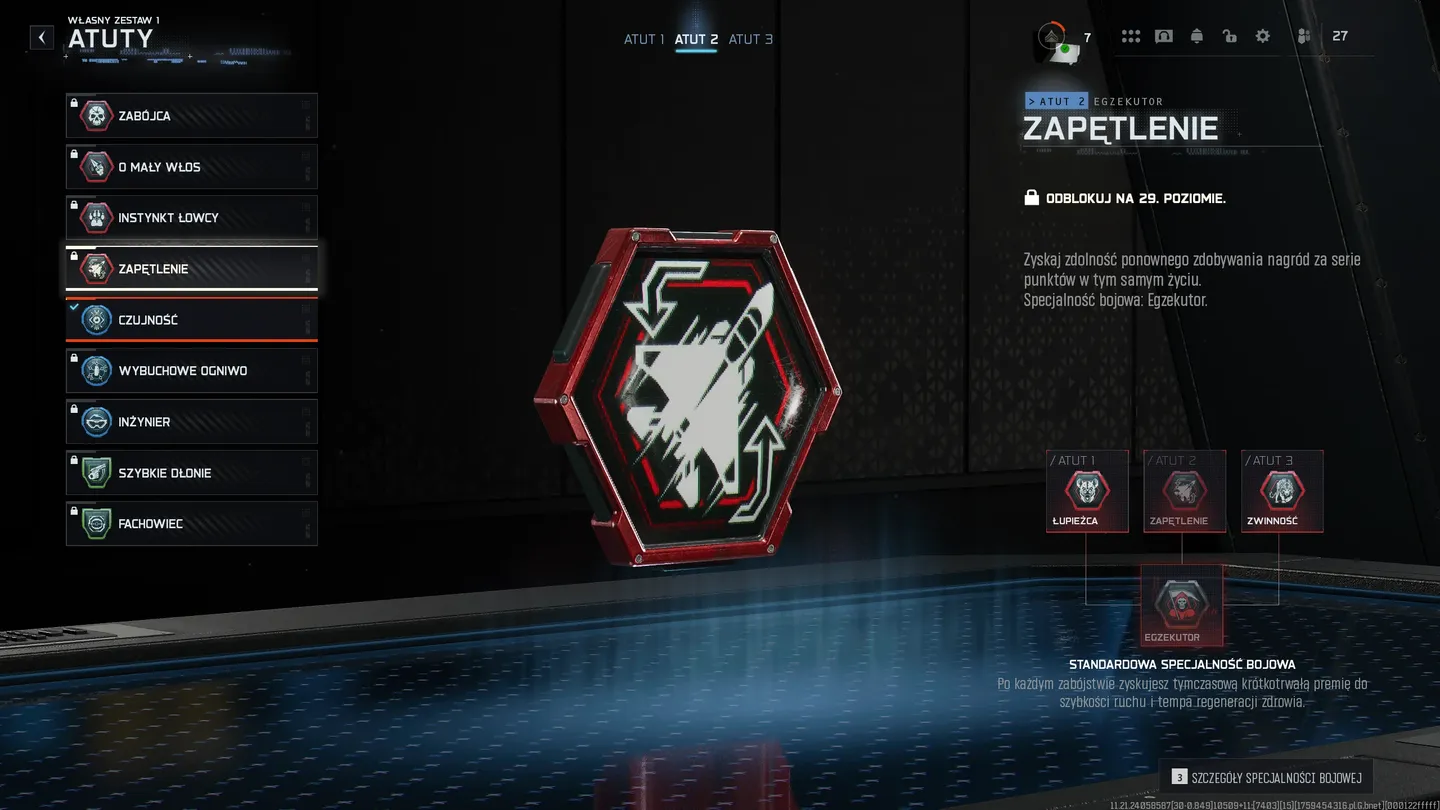 Ekran wyboru atut&oacute;w w Black Ops 7 &ndash; nowe umiejętności i profity dostępne w becie trybu multiplayer.