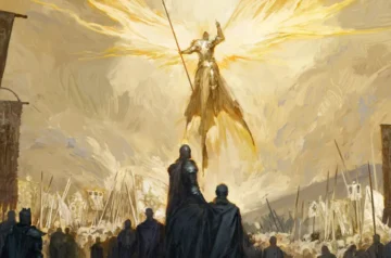 d4-miniaturka.jpg: Ilustracja świetlistego anioła unoszącego się nad tłumem ludzi z chorągwiami w stylu concept artu do Diablo 4.