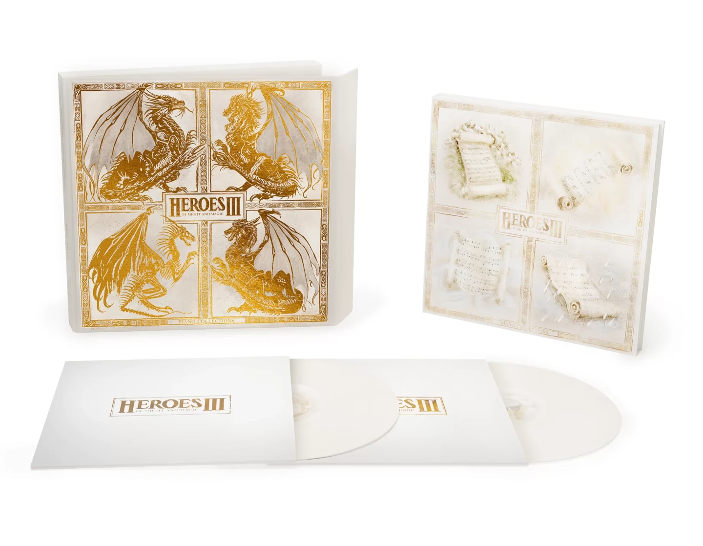 Heroes III Piano Collections - wizualizacja opakowania wraz z płytami w indywidualnych kopertach i zapisem nutowym.