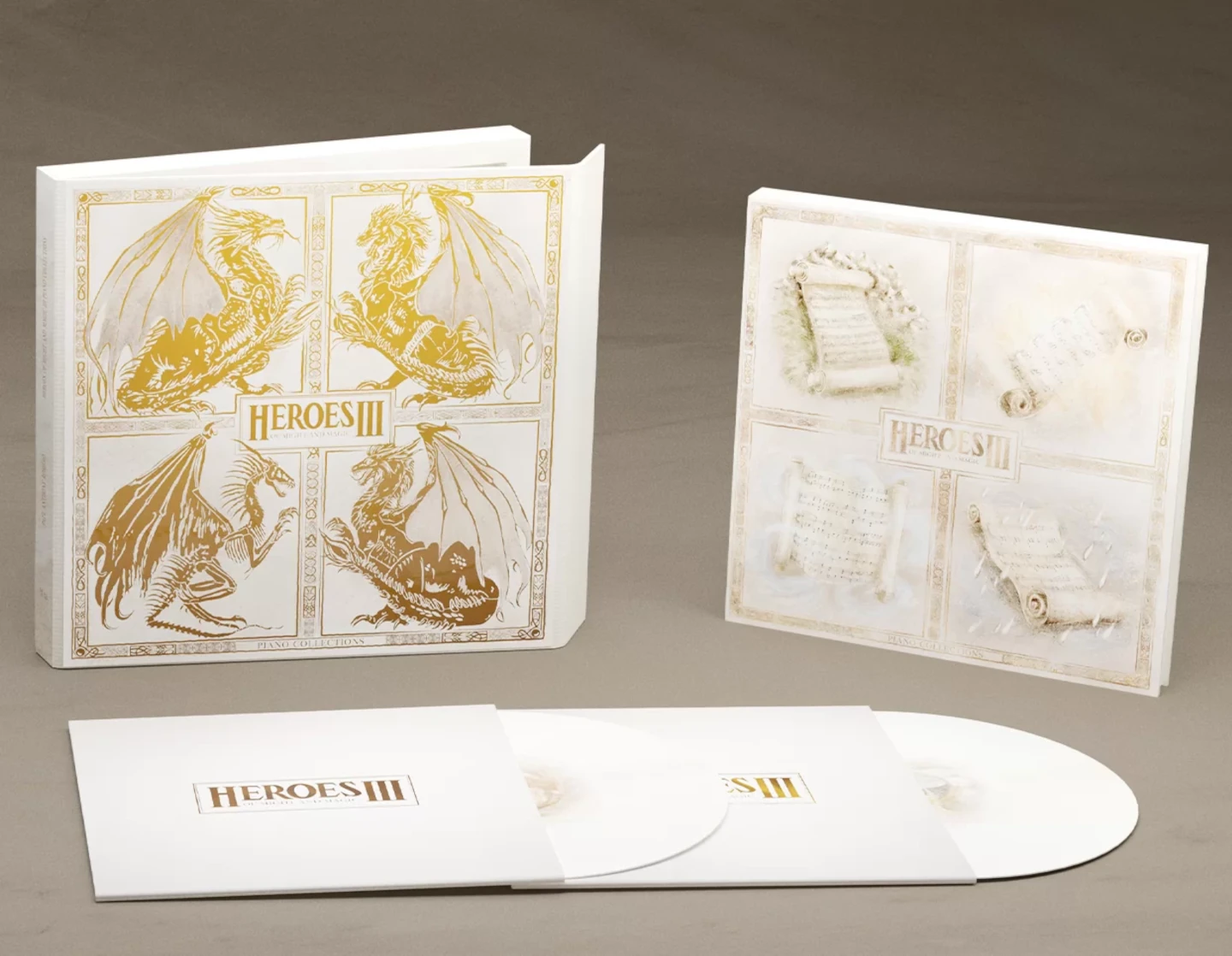 Heroes III Piano Collections - wizualizacja opakowania wraz z płytami w indywidualnych kopertach i zapisem nutowym.