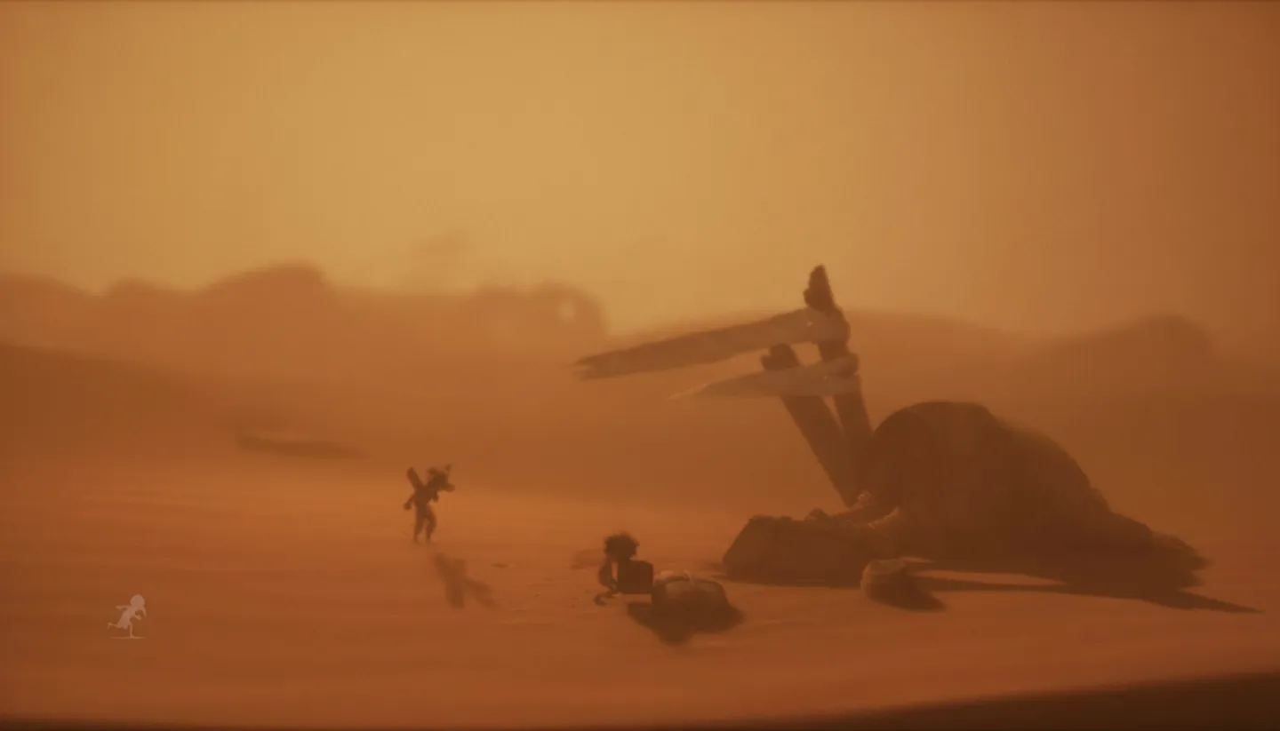 Bohaterowie wśr&oacute;d pustynnej burzy eksplorują ruiny i wielkie szczątki w grze Little Nightmares III.