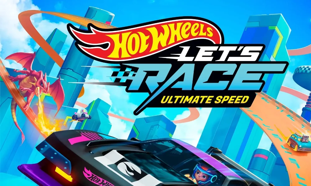 Logo i grafika promująca „Hot Wheels Let’s Race: Ultimate Speed” z wyścigowymi autami i kolorowym torem.