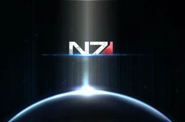 Logo N7 z serii Mass Effect na czarnym tle – symbol Dnia N7 i serii BioWare