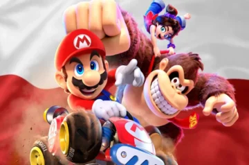 Postacie z gier Nintendo Mario i Donkey Kong. W tle Polska flaga