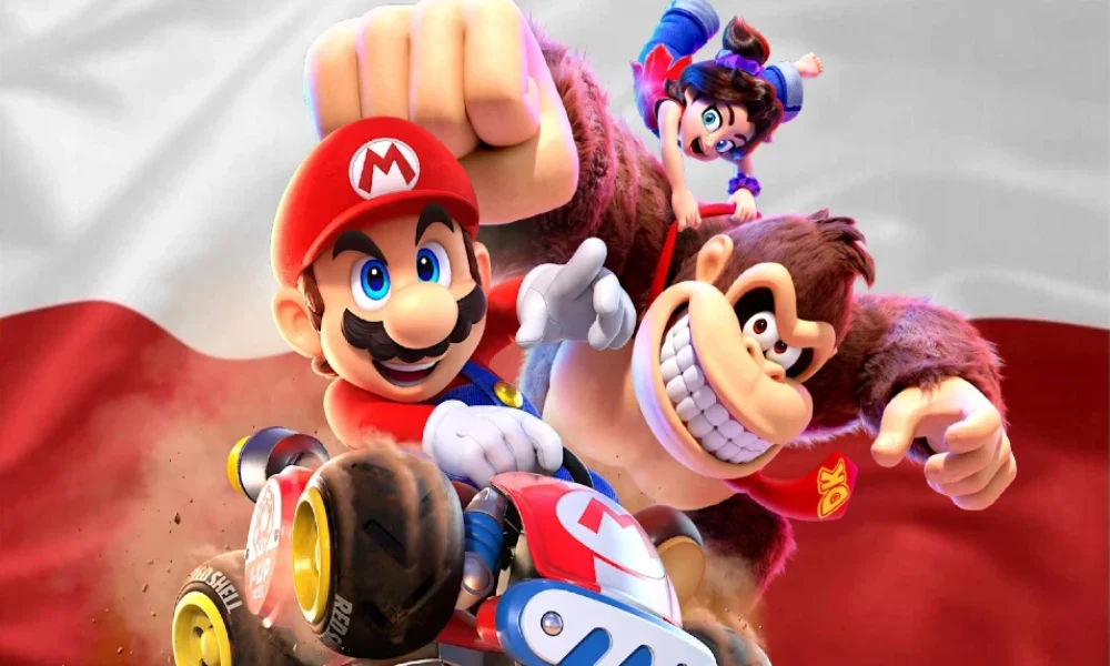 Postacie z gier Nintendo Mario i Donkey Kong. W tle Polska flaga