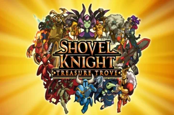 Ilustracja przedstawiająca bohaterów i przeciwników z gry Shovel Knight: Treasure Trove na złotym tle promieniującym światłem. Na środku widoczne jest logo gry, otoczone kolorowymi postaciami z różnych kampanii.