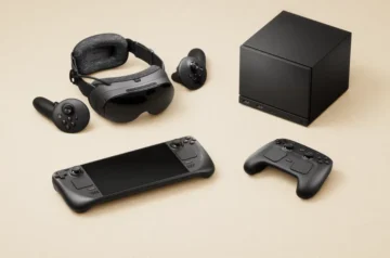 Wszystkie urządzenia z rodziny Valve na jednym zdjęciu. Steam Deck, nowy Steam Controller, Steam Machine i Steam VR