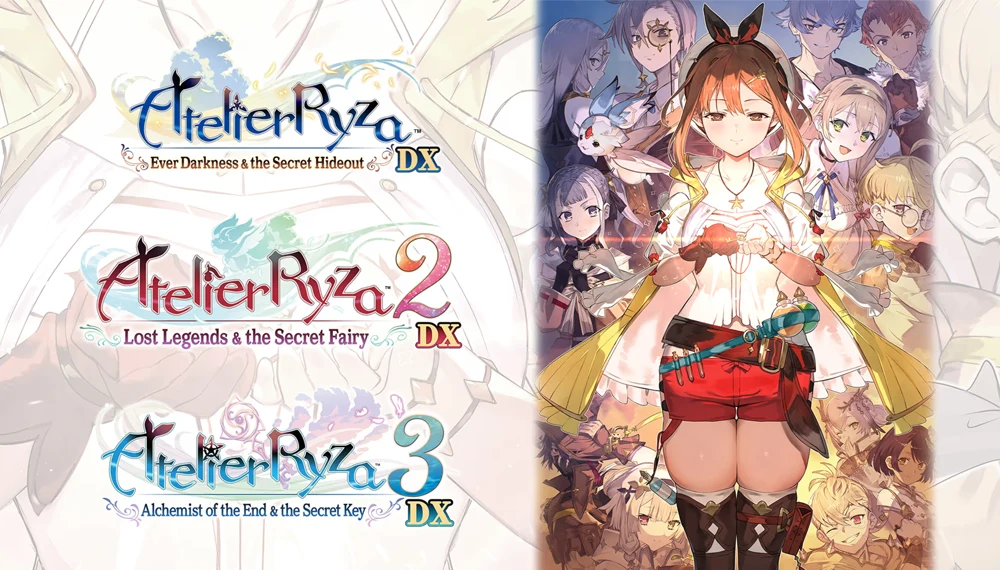Okładka kolekcji Atelier Ryza Secret Trilogy Deluxe z tytułami gier i artem.