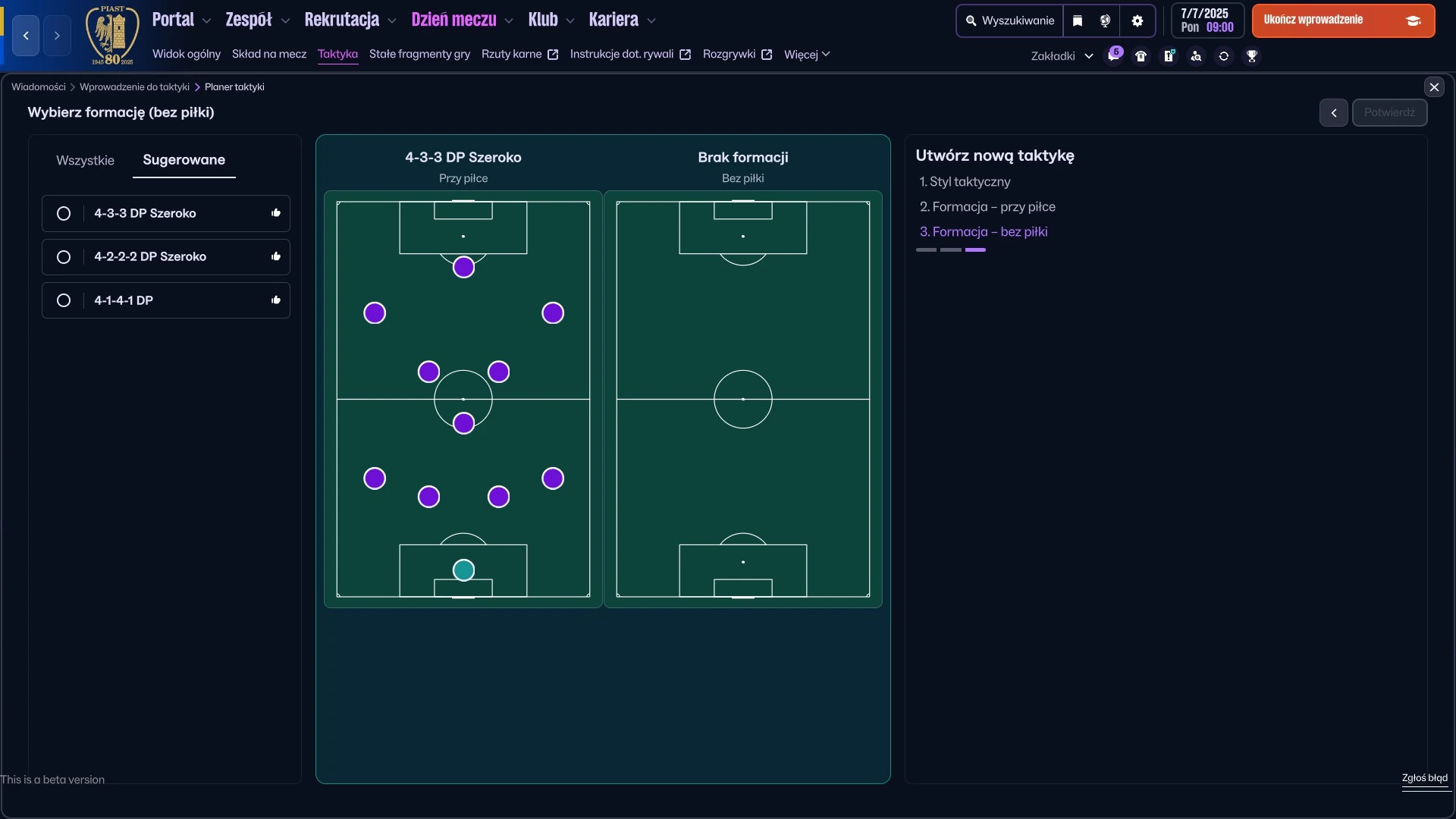 Zrzut ekranu z gry FM26 - widok, w którym widzimy tworzenie nowej taktyki.