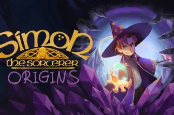 Grafika promująca grę Simon the Sorcerer: Origins. Na zdjęciu widać duży złoty tytuł gry oraz głównego bohatera - Simona, który ubrany jest w fioletowe, czarodziejskie ubrania - w tym czapkę.