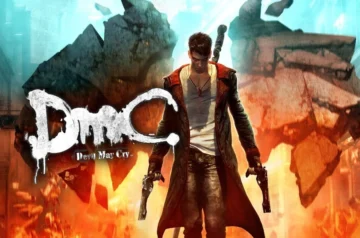 Grafika promocyjna DmC: Devil May Cry z Dantem stojącym pośród płonących ruin, z bronią palną w dłoniach