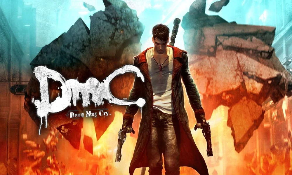 Grafika promocyjna DmC: Devil May Cry z Dantem stojącym pośród płonących ruin, z bronią palną w dłoniach