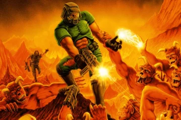 Ilustracja promocyjna Doom przedstawiająca bohatera walczącego na skalnej skarpie z demonami w piekielnym krajobrazie.