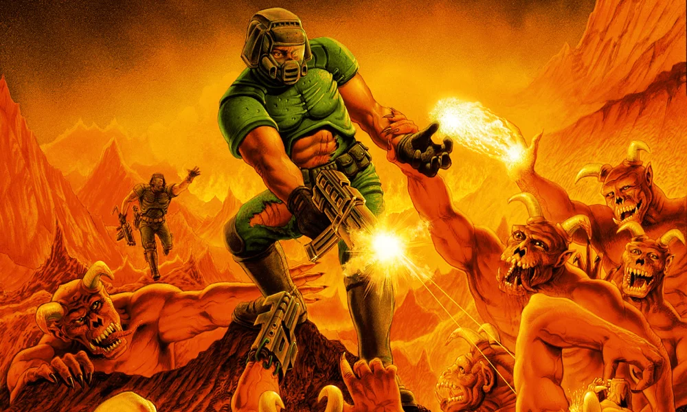 Ilustracja promocyjna Doom przedstawiająca bohatera walczącego na skalnej skarpie z demonami w piekielnym krajobrazie.