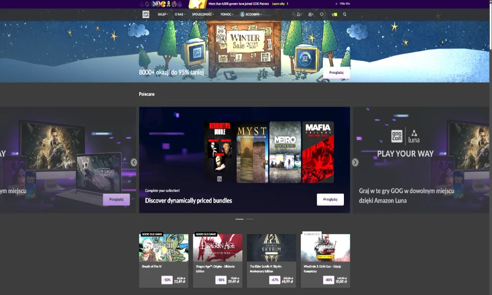 Strona główna sklepu GOG z zimową wyprzedażą 2025, promowanymi bundlami gier i ofertami DRM-free.