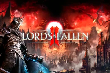 Logo Lords of the Fallen 2 na tle mrocznego świata fantasy i płonących ruin