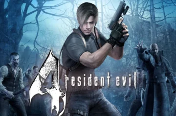 Grafika promocyjna Resident Evil 4 z Leonem S. Kennedym otoczonym przez Ganados.