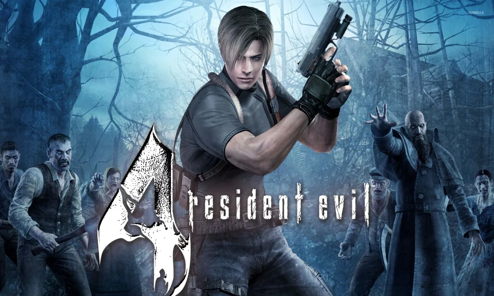 Grafika promocyjna Resident Evil 4 z Leonem S. Kennedym otoczonym przez Ganados.