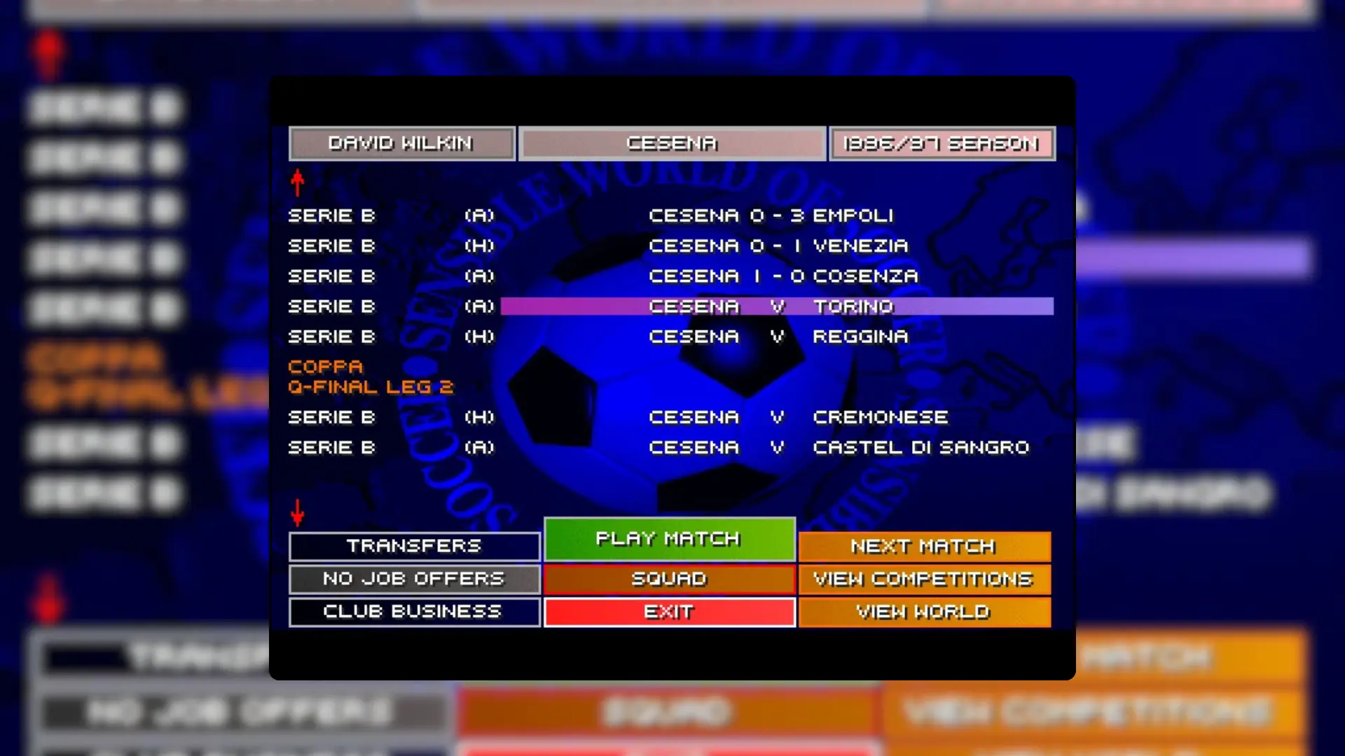 Sensible World of Soccer - menu przed meczem