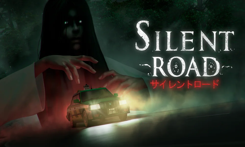 Okładka Silent Road z widoczną taksówką oraz upiorną sylwetką kobiety wyłaniającą się z mgły.