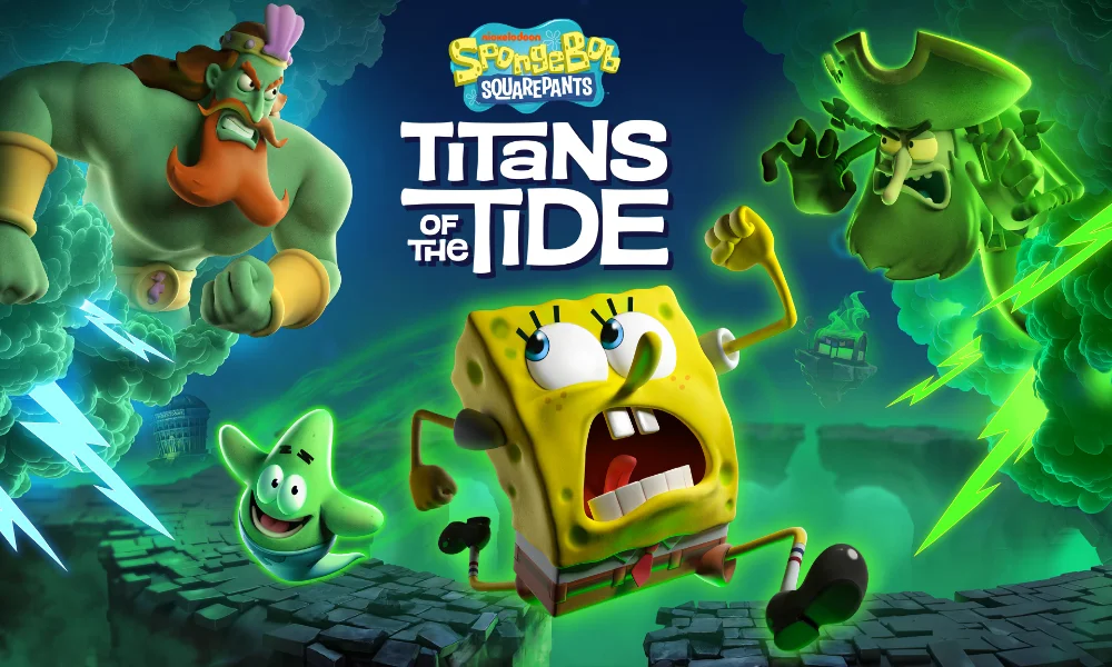 Grafika promocyjna SpongeBob SquarePants: Titans of the Tides z głównymi bohaterami