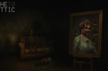 Atmosferyczna scena z The 18th Attic – portret kobiety, manekin na kanapie i kot w mrocznym wnętrzu strychu