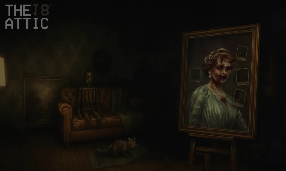 Atmosferyczna scena z The 18th Attic – portret kobiety, manekin na kanapie i kot w mrocznym wnętrzu strychu