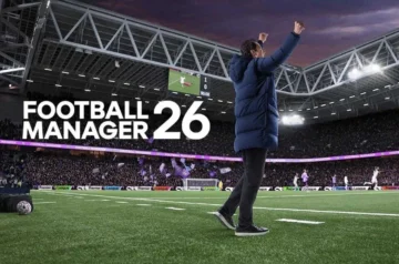 Grafika promująca grę Football Manager 26. Na obrazku widzimy managera, który stoi obok tytułowego napisu - w tle stadion wypełniony kibicami i biegający oraz cieszący się po bramce zawodnicy.