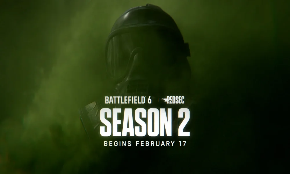 Żołnierz w masce gazowej na zielonym tle zapowiadający Sezon 2 w Battlefield 6, który rozpocznie się 17 lutego.