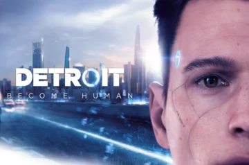 Zbliżenie twarzy androida Connora na tle futurystycznego miasta w Detroit: Become Human