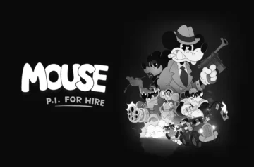 Czarno-biała ilustracja gry Mouse: P.I. For Hire – detektyw w stylu kreskówkowym z bronią, otoczony dynamicznymi postaciami.