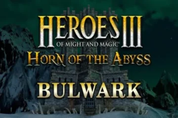 Grafika promocyjna Heroes of Might and Magic III: Horn of the Abyss przedstawiająca logo dodatku i nazwę nowej frakcji Warownia (Bulwark) na tle zimowej fortecy.