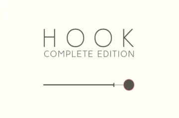 Minimalistyczny ekran tytułowy Hook: Complete Edition z pojedynczym metalowym hakiem na jasnym tle