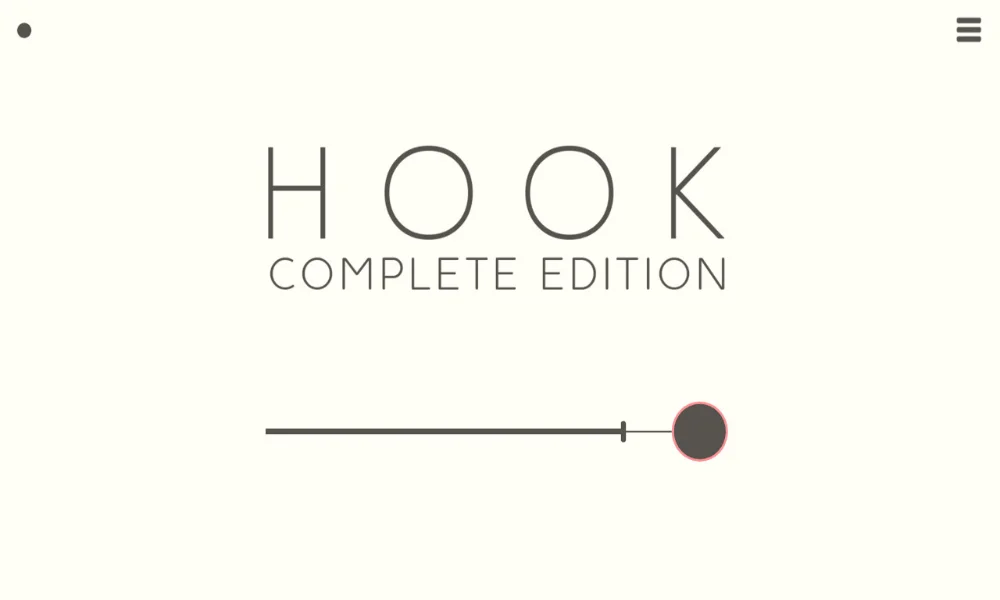 Minimalistyczny ekran tytułowy Hook: Complete Edition z pojedynczym metalowym hakiem na jasnym tle