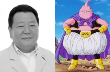 Kozo Shioya na czarno-białym portrecie oraz Majin Buu z serii Dragon Ball, zestawienie postaci aktora i jego roli